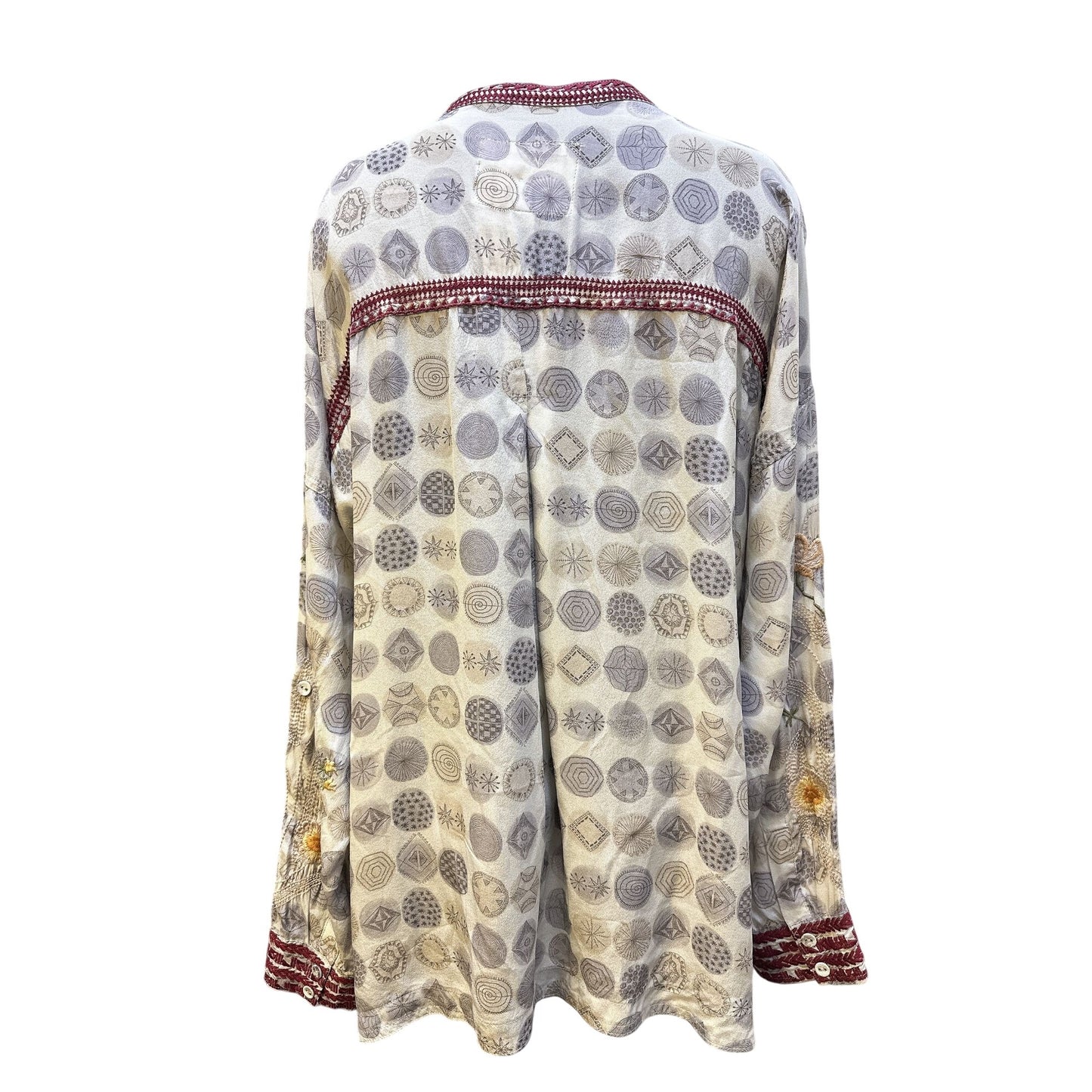 Johnny Was Embroidered Button-Up Tunic w/Floral & Geometric Patterns Long Sleeves Size L