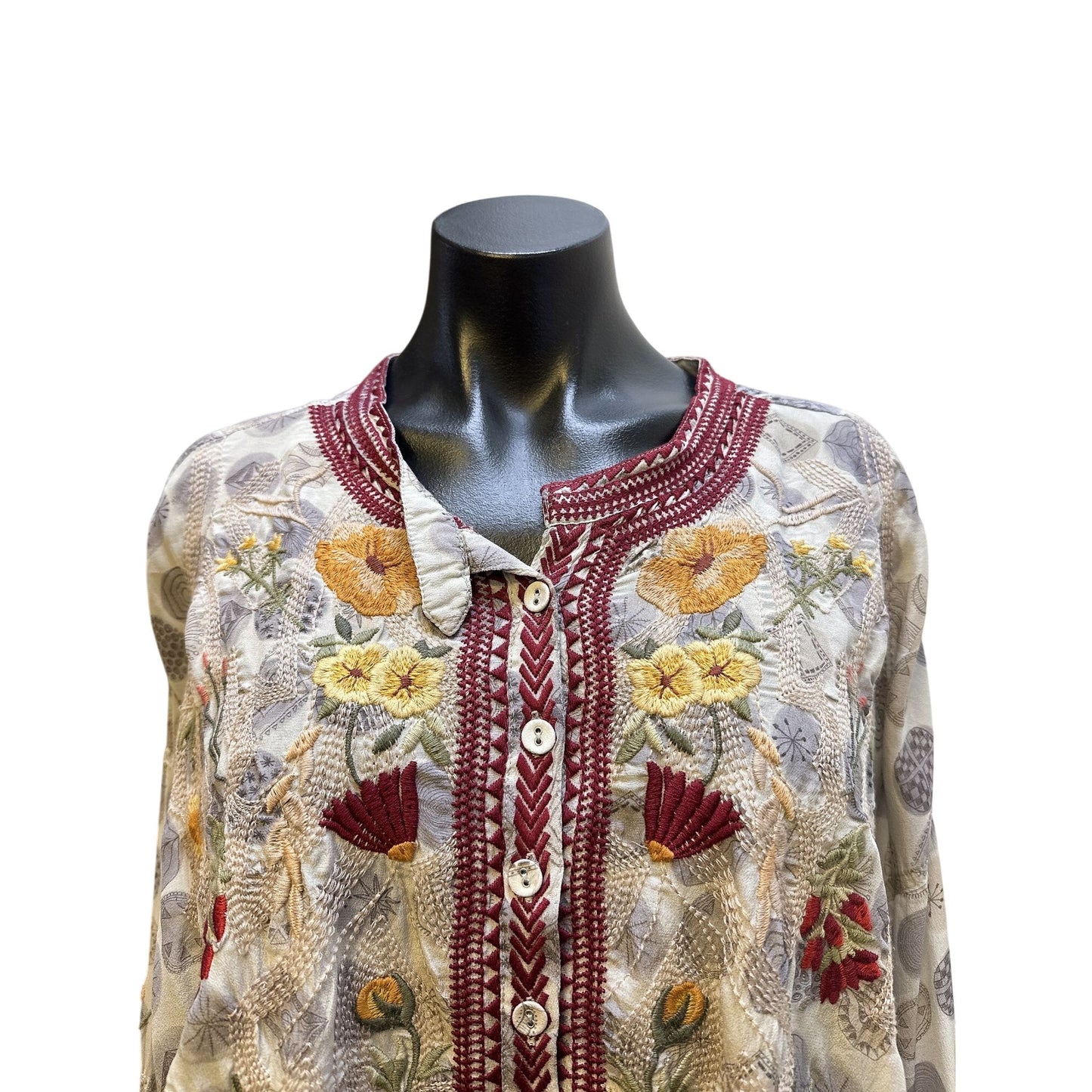 Johnny Was Embroidered Button-Up Tunic w/Floral & Geometric Patterns Long Sleeves Size L