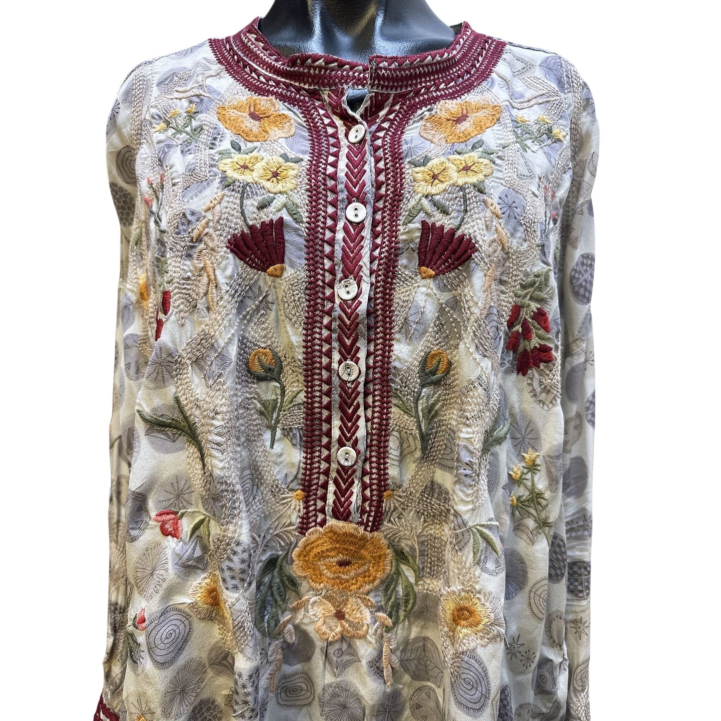 Johnny Was Embroidered Button-Up Tunic w/Floral & Geometric Patterns Long Sleeves Size L