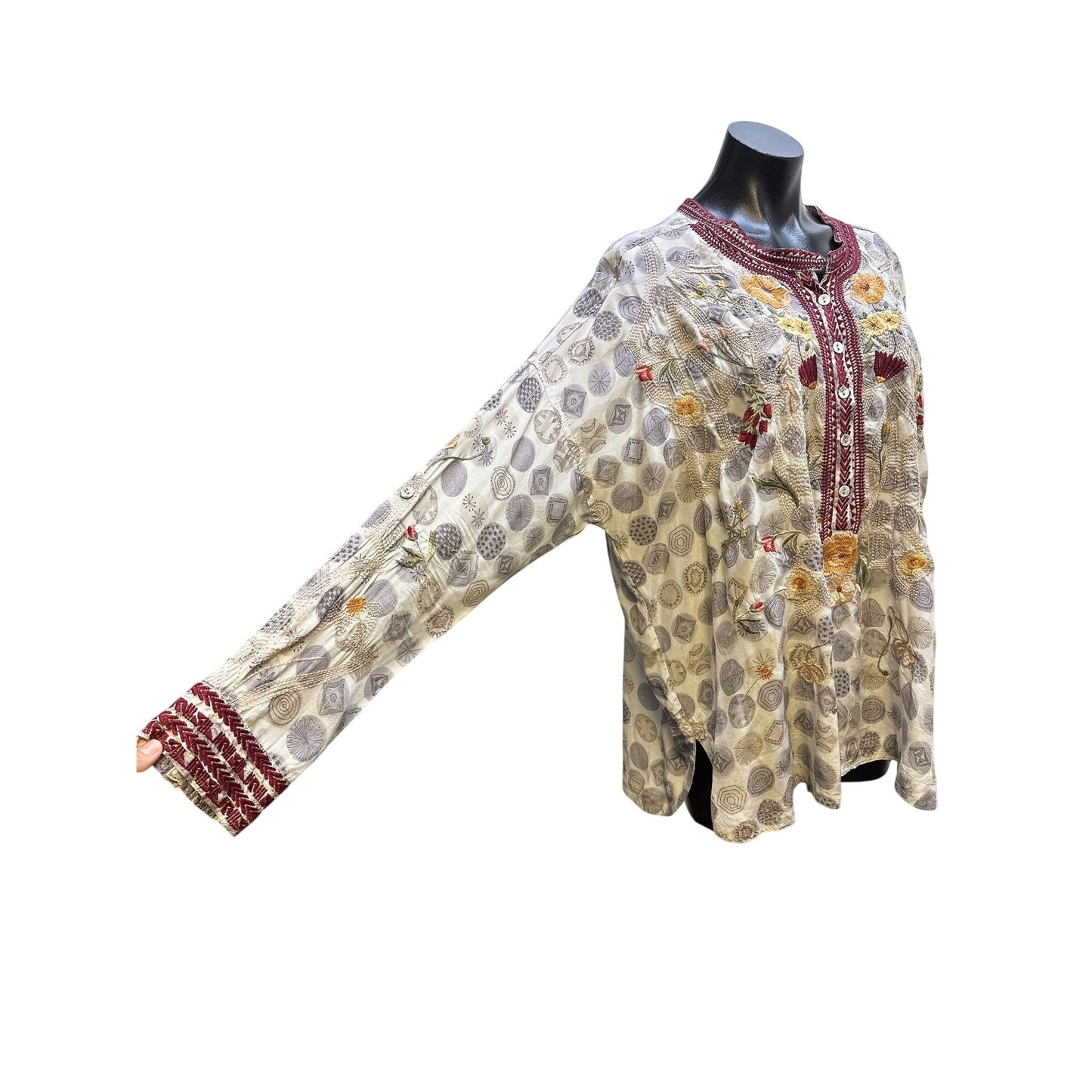 Johnny Was Embroidered Button-Up Tunic w/Floral & Geometric Patterns Long Sleeves Size L