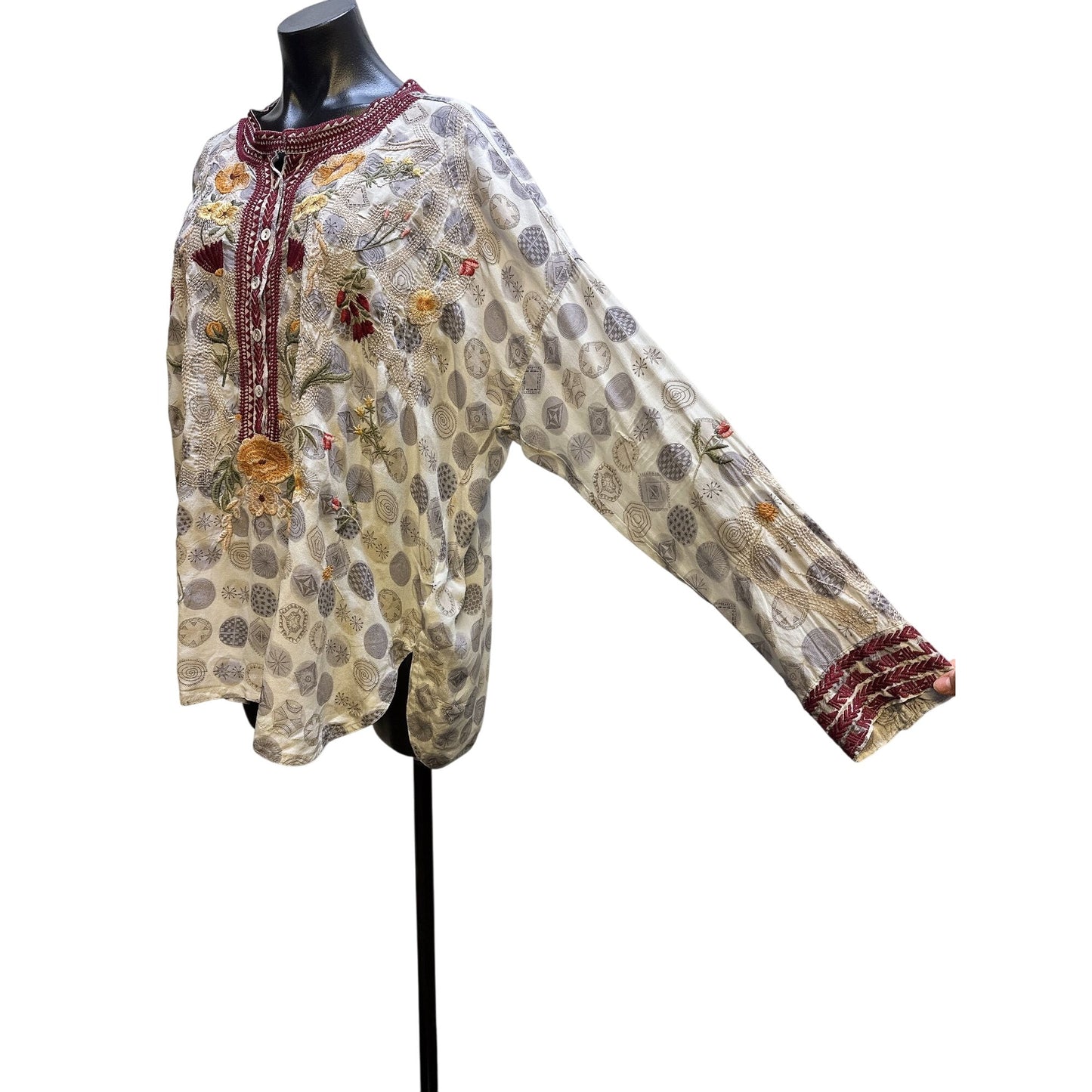 Johnny Was Embroidered Button-Up Tunic w/Floral & Geometric Patterns Long Sleeves Size L