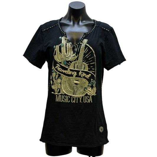 Double D Ranch Embellished Tee Black With Music Themed Graphics Size XL