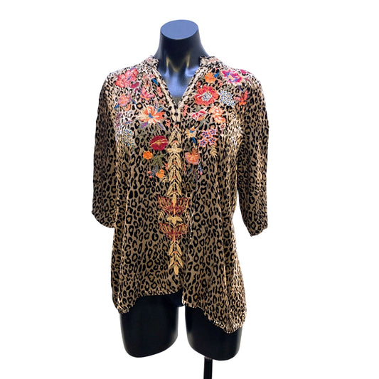 Johnny Was Leopard Print Embroidered Top XS