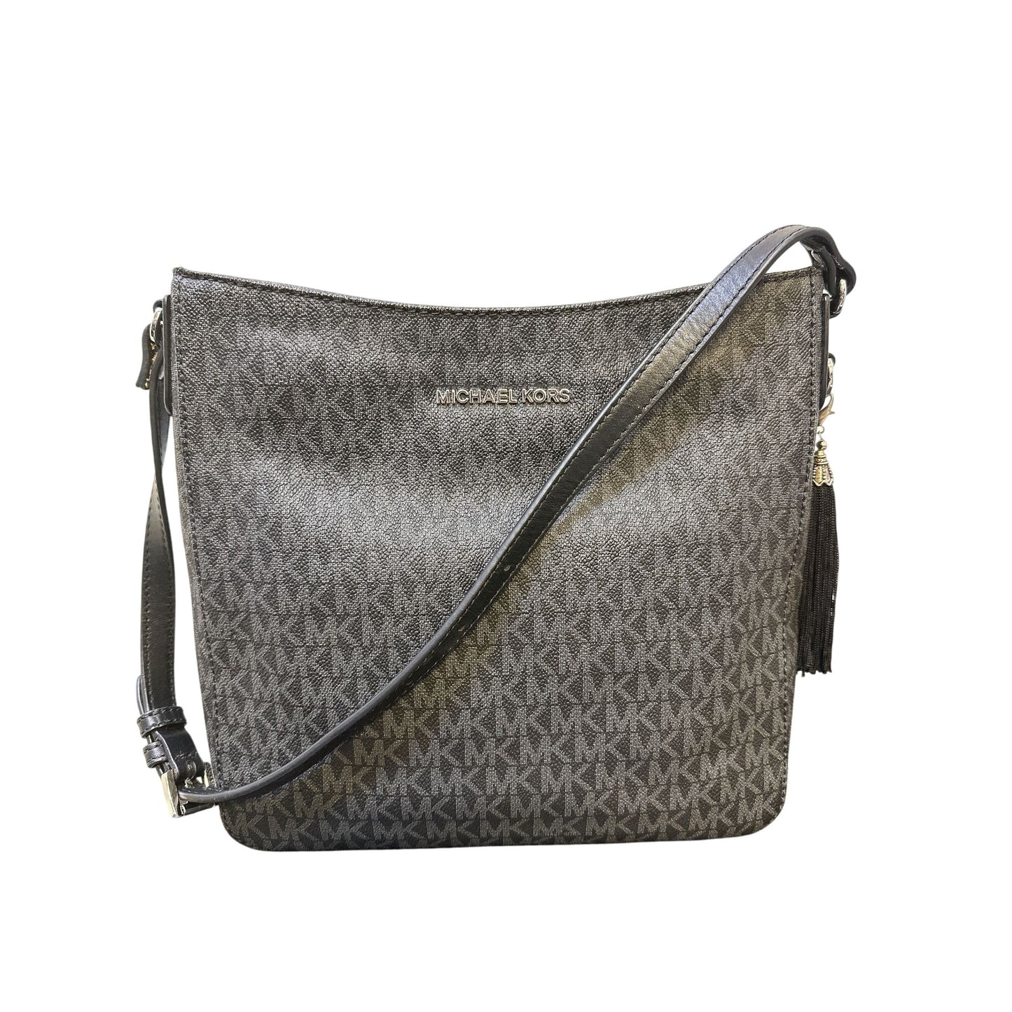 Michael Kors Jet Set Shoulder Bag Monogram Coated Canvas Grey w/Black Leather