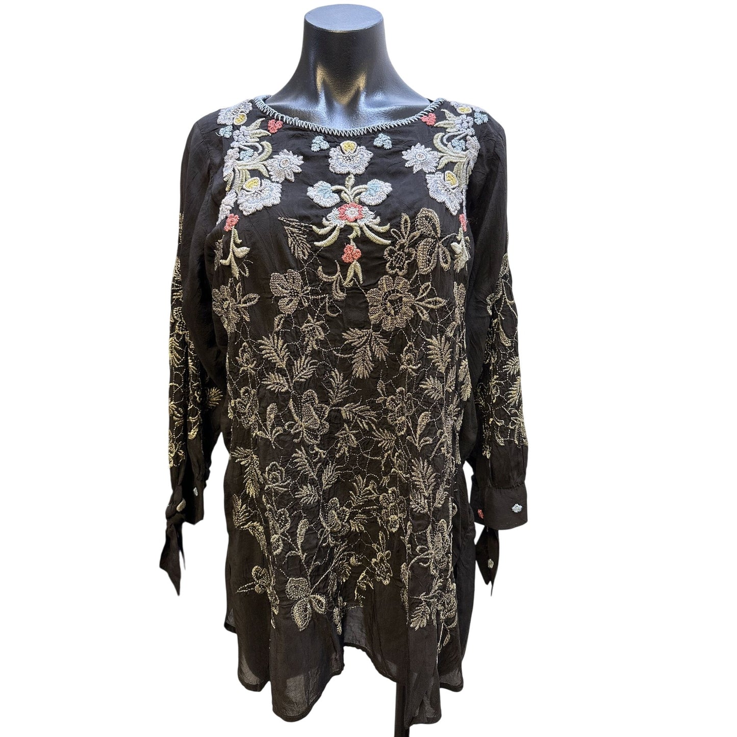 NWT Johnny Was Black w/Gold & Multicolored Embroidery Tunic Blouse Size Medium