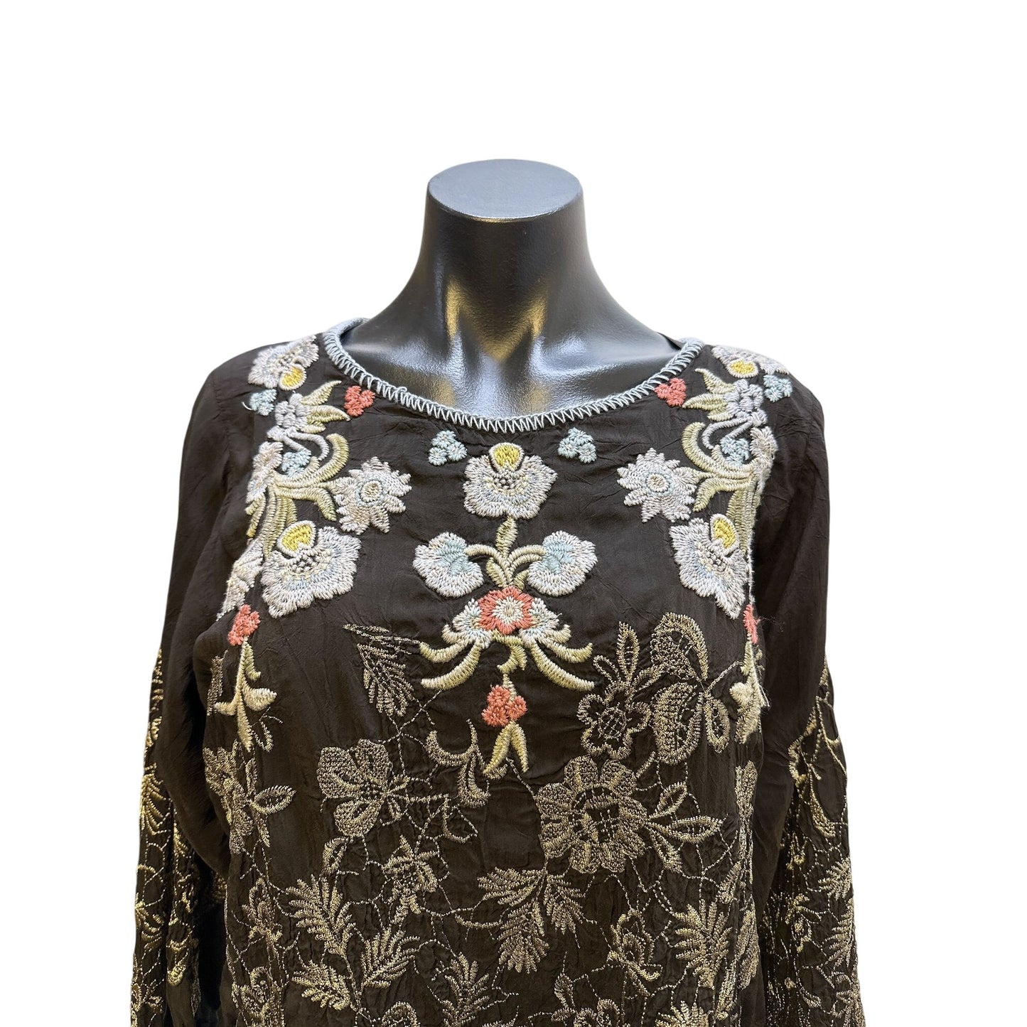 NWT Johnny Was Black w/Gold & Multicolored Embroidery Tunic Blouse Size Medium