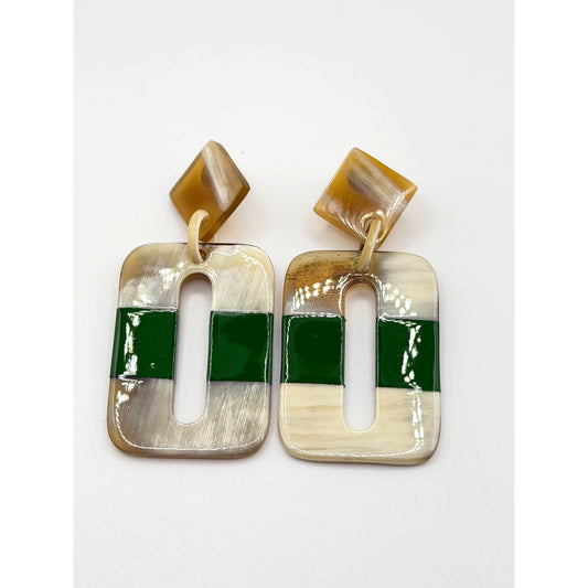 Vintage-Inspired Geometric Dangle Earrings With Green  & Beige Acrylic Accents