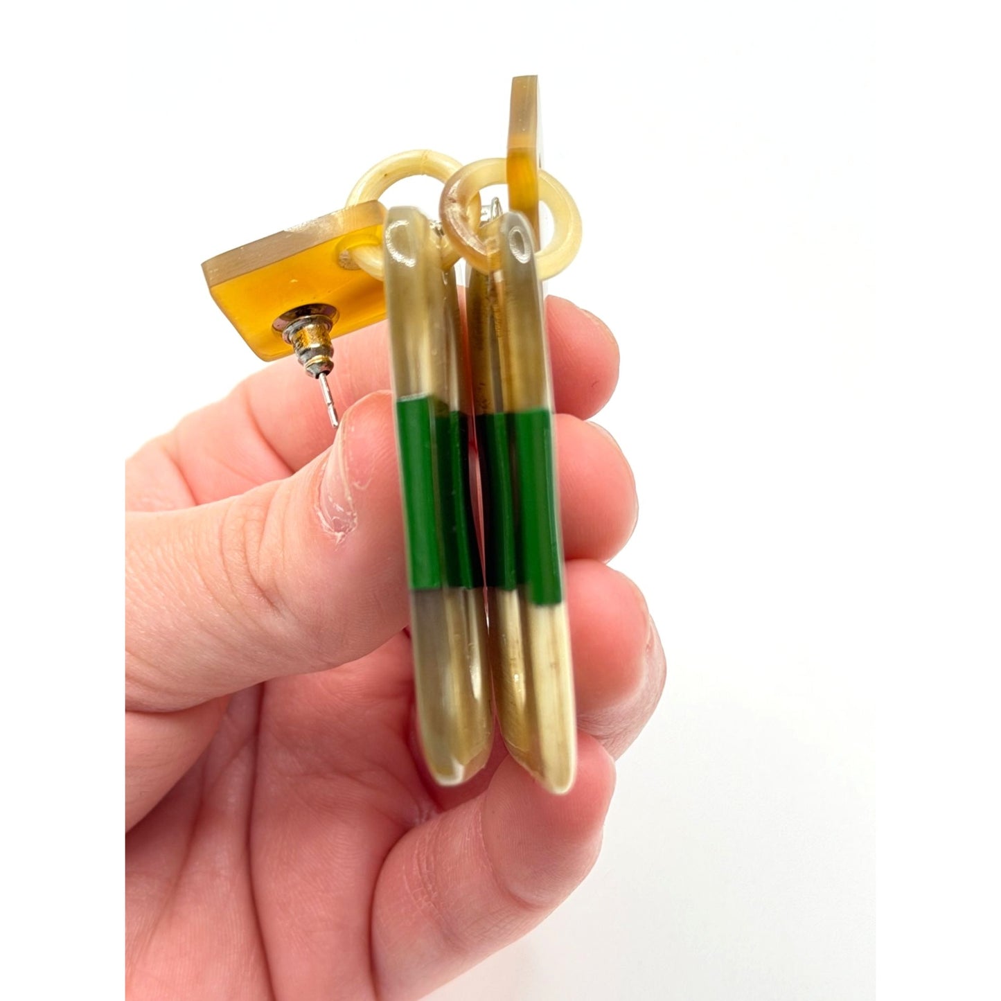 Vintage-Inspired Geometric Dangle Earrings With Green  & Beige Acrylic Accents