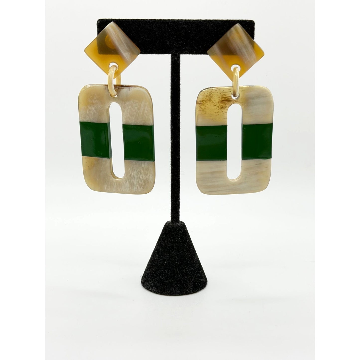 Vintage-Inspired Geometric Dangle Earrings With Green  & Beige Acrylic Accents