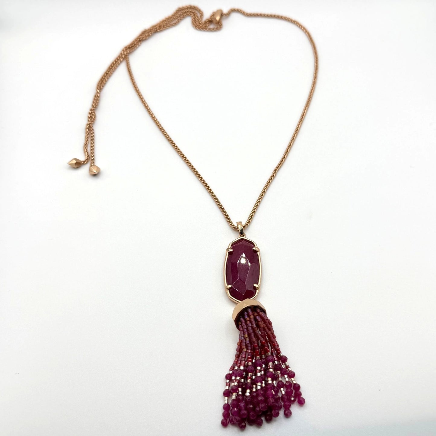 Kendra Scott Gold Tone Tassel Necklace Burgundy Beaded Pendant