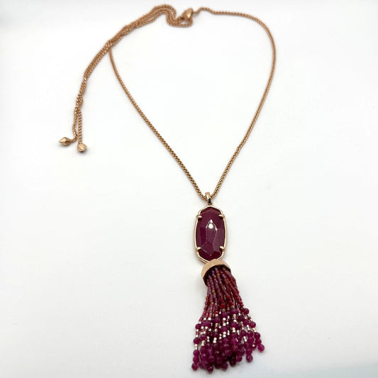Kendra Scott Gold Tone Tassel Necklace Burgundy Beaded Pendant