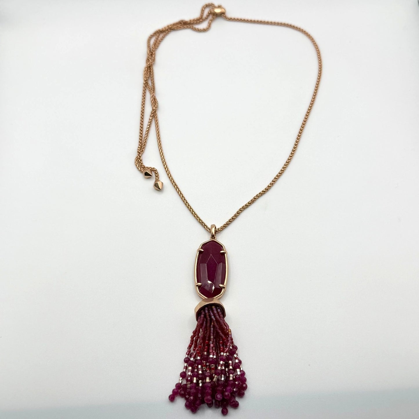 Kendra Scott Gold Tone Tassel Necklace Burgundy Beaded Pendant