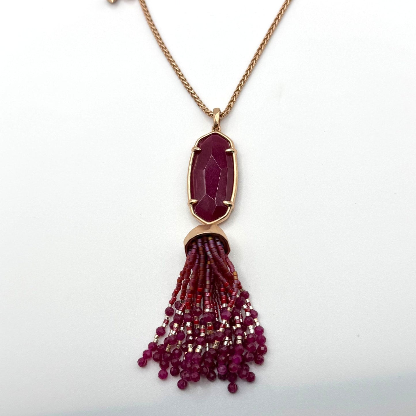 Kendra Scott Gold Tone Tassel Necklace Burgundy Beaded Pendant