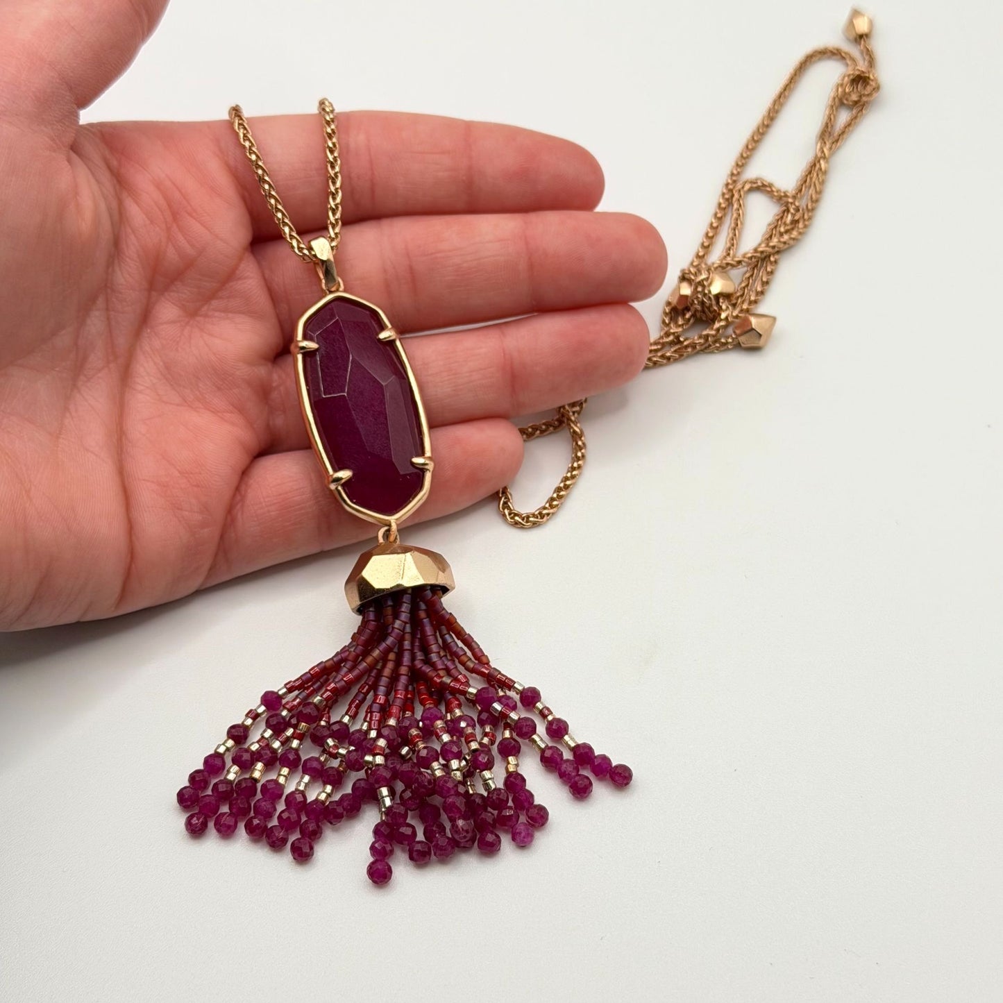 Kendra Scott Gold Tone Tassel Necklace Burgundy Beaded Pendant