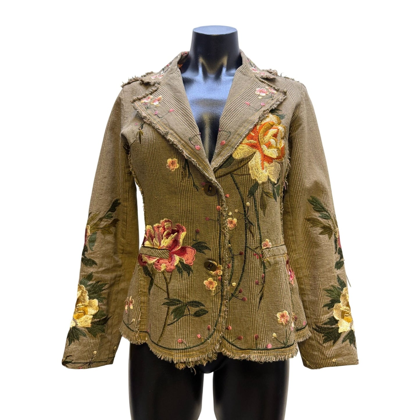 Paparazzi Embroidered Olive Pink Corduroy Floral Jacket With Fringe Detail Button Front S
