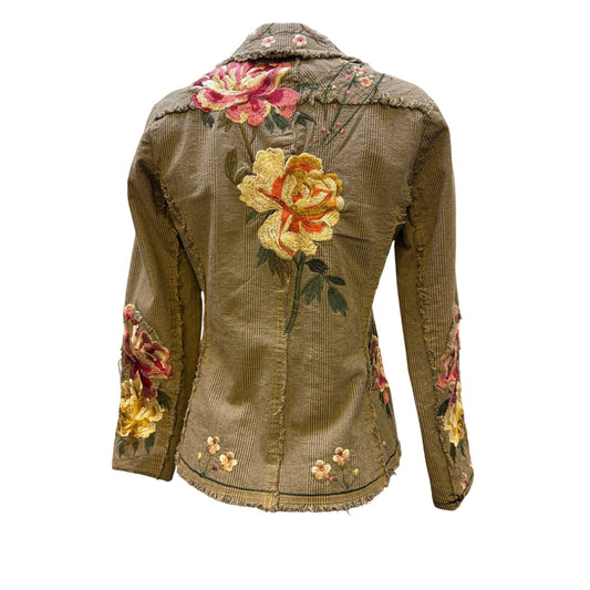 Paparazzi Embroidered Olive Pink Corduroy Floral Jacket With Fringe Detail Button Front S