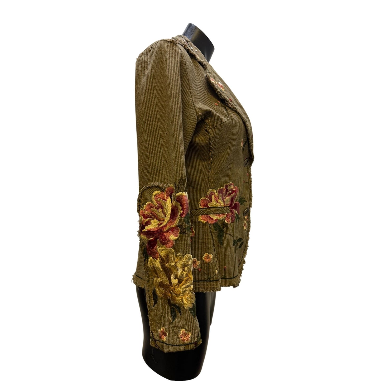 Paparazzi Embroidered Olive Pink Corduroy Floral Jacket With Fringe Detail Button Front S