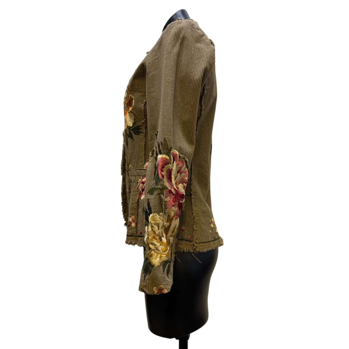 Paparazzi Embroidered Olive Pink Corduroy Floral Jacket With Fringe Detail Button Front S