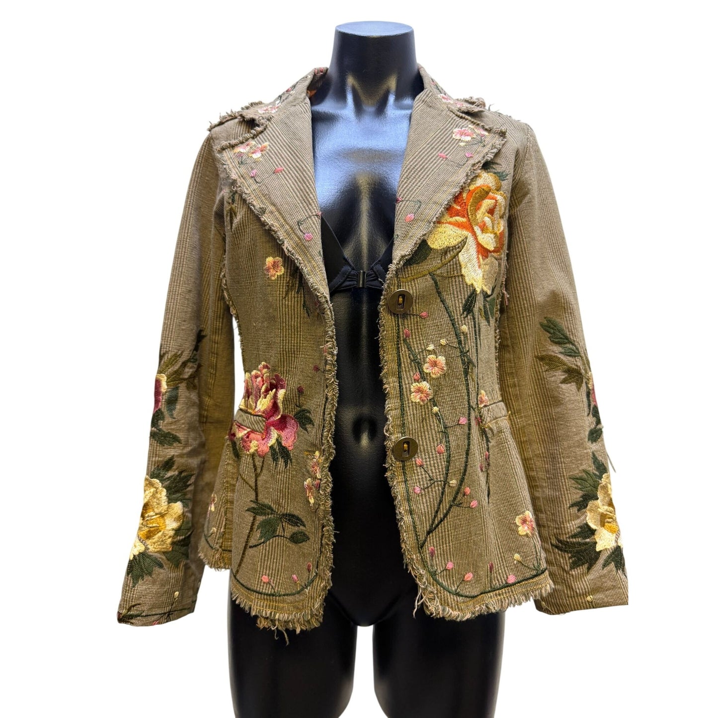Paparazzi Embroidered Olive Pink Corduroy Floral Jacket With Fringe Detail Button Front S