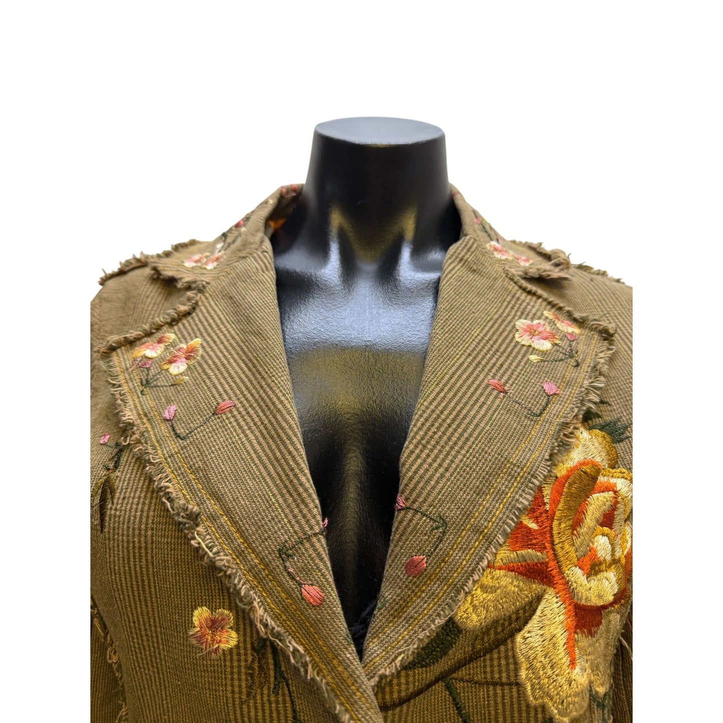 Paparazzi Embroidered Olive Pink Corduroy Floral Jacket With Fringe Detail Button Front S