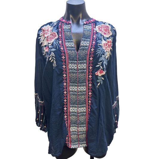 Johnny Was Workshop Navy w/Multicolored Embroidery Tunic Blouse Size XL