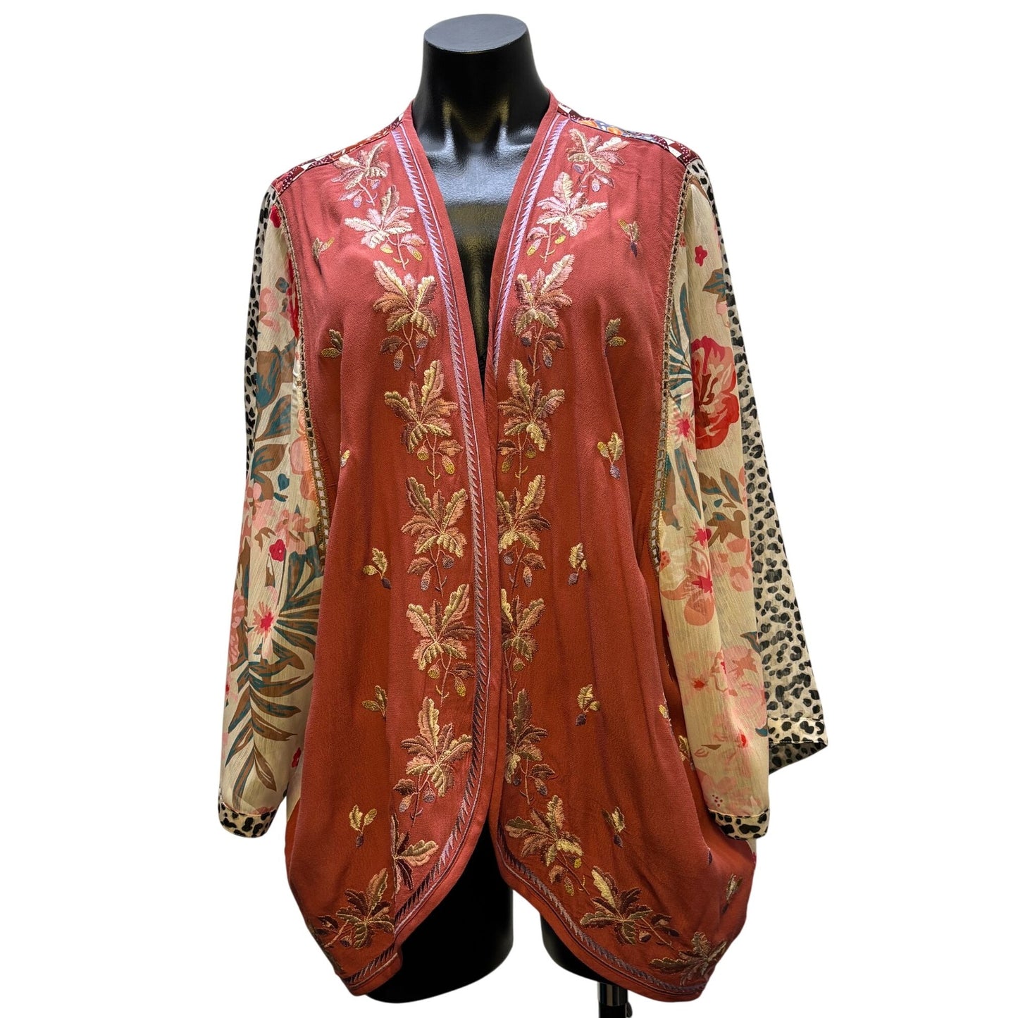 John Mark Embroidered Open Front Cardigan Rust Multi Floral & Leopard Print XL