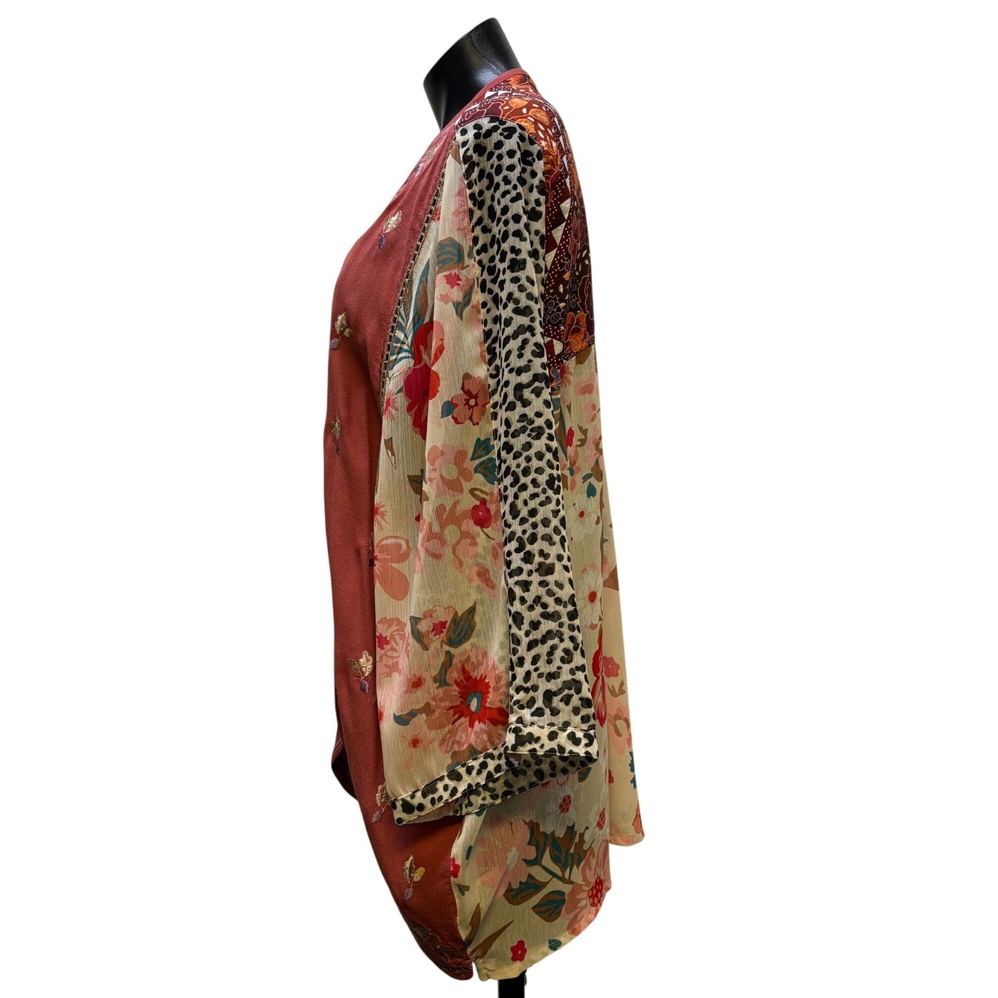 John Mark Embroidered Open Front Cardigan Rust Multi Floral & Leopard Print XL