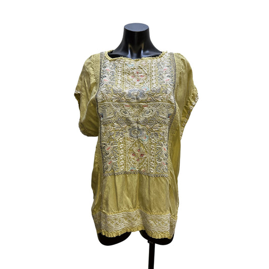Biya by Johnny Was Embroidered Yellow-Green Blouse Size L