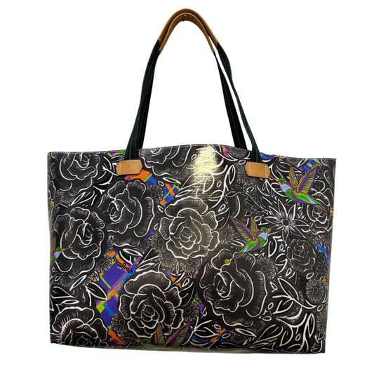 Consuela Tote Bag Black Floral Print With Green Handles & Leather Accents
