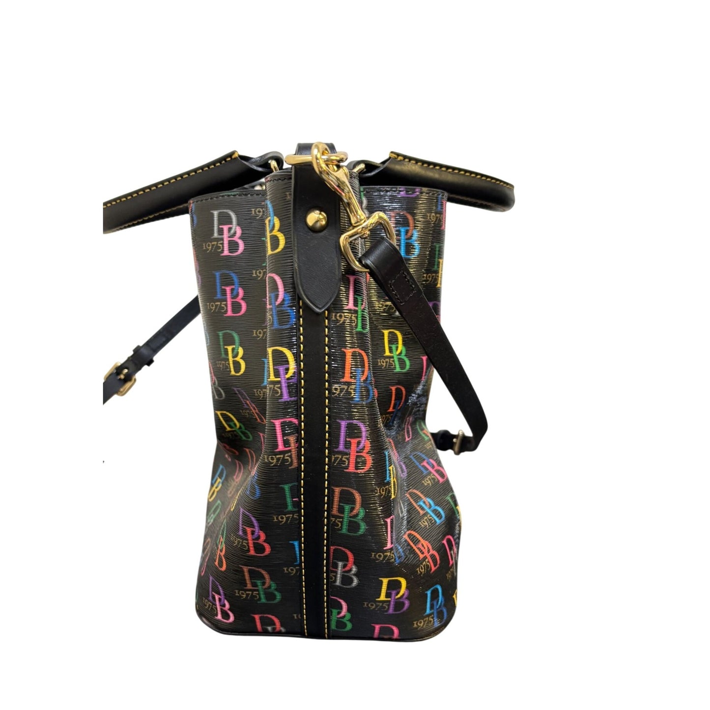 Dooney & Bourke Shoulder Bag With Multicolor DB 1975 Logo Pattern & Leather Straps