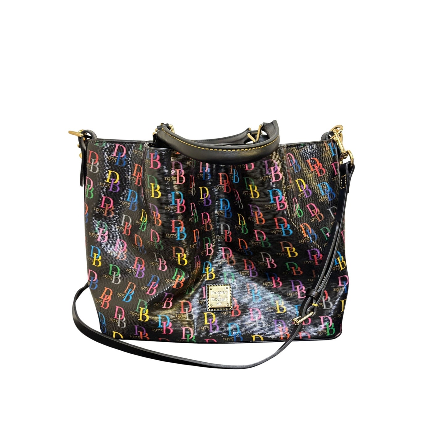 Dooney & Bourke Shoulder Bag With Multicolor DB 1975 Logo Pattern & Leather Straps