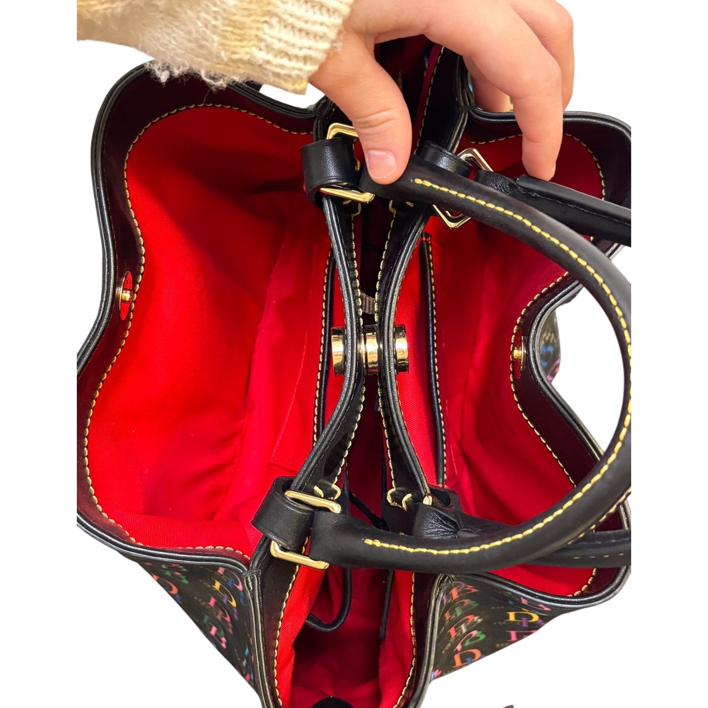 Dooney & Bourke Shoulder Bag With Multicolor DB 1975 Logo Pattern & Leather Straps