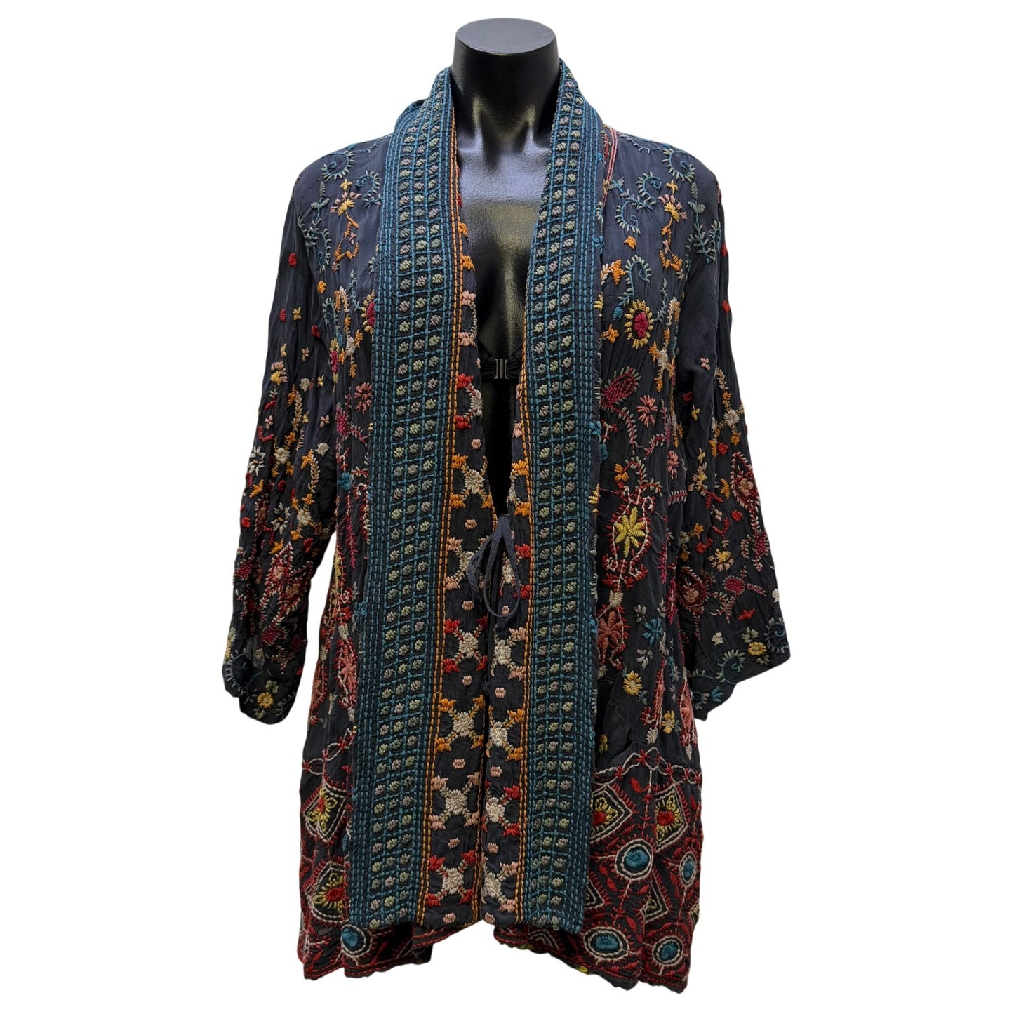 Johnny Was Blue Multi Embroidered Open Front Cardigan L