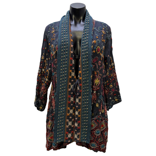 Johnny Was Blue Multi Embroidered Open Front Cardigan L