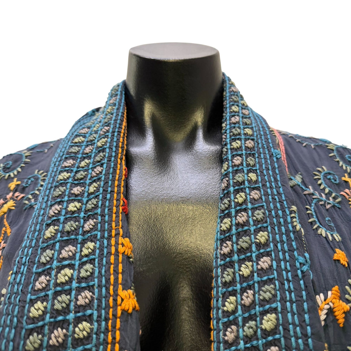 Johnny Was Blue Multi Embroidered Open Front Cardigan L