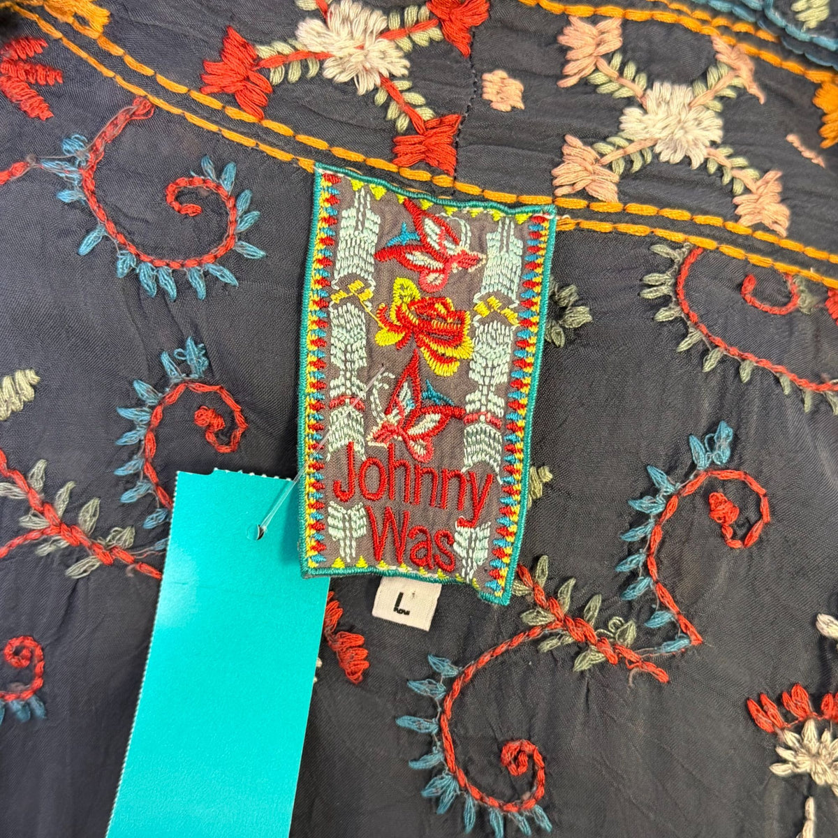 Johnny Was Blue Multi Embroidered Open Front Cardigan L
