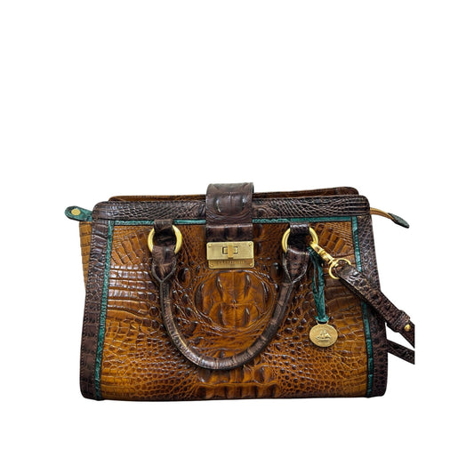 Brahmin Tricolor Cognac Brown & Green Croc Embossed Leather Shoulder Bag Satchel