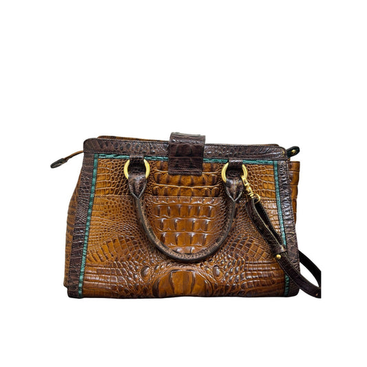 Brahmin Tricolor Cognac Brown & Green Croc Embossed Leather Shoulder Bag Satchel