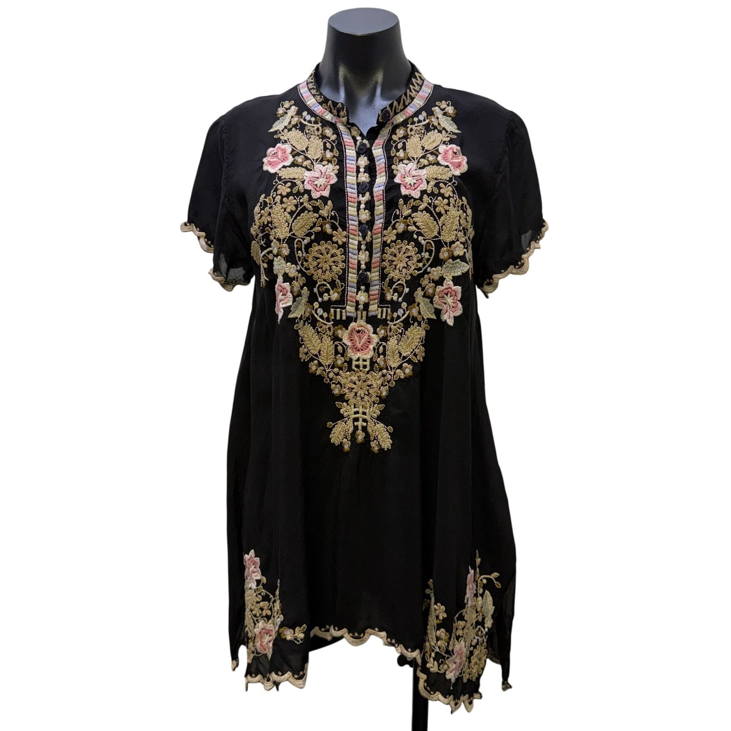 Johnny Was Black Embroidered Tunic Blouse With Floral Details Size L