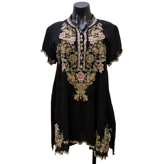 Johnny Was Black Embroidered Tunic Blouse With Floral Details Size L
