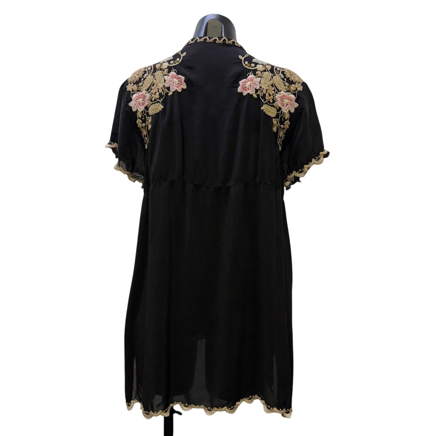 Johnny Was Black Embroidered Tunic Blouse With Floral Details Size L