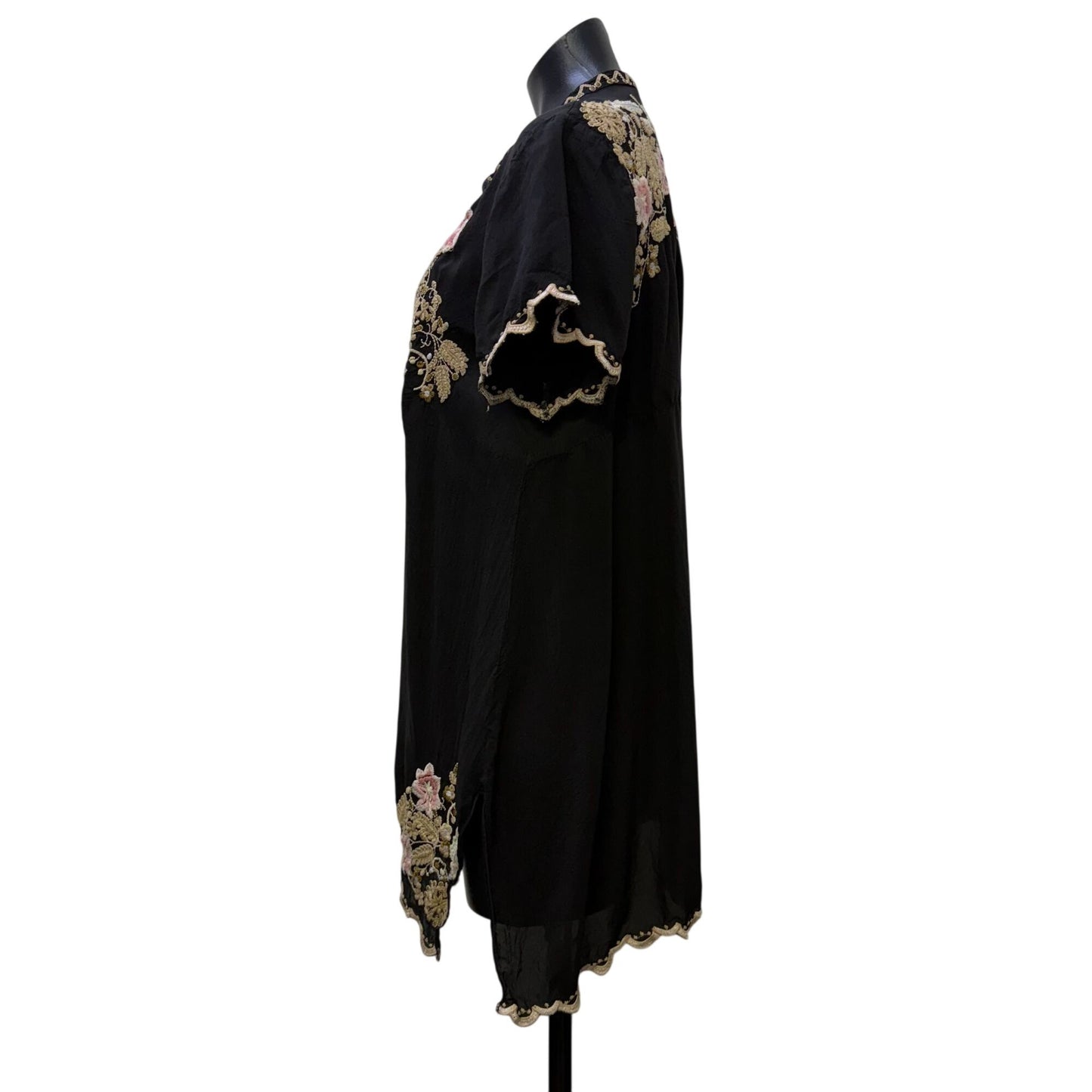 Johnny Was Black Embroidered Tunic Blouse With Floral Details Size L