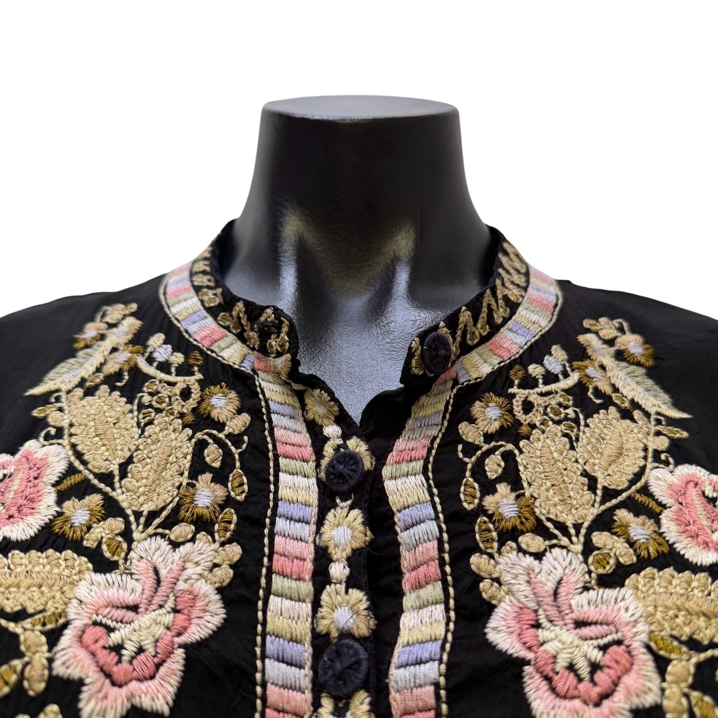 Johnny Was Black Embroidered Tunic Blouse With Floral Details Size L