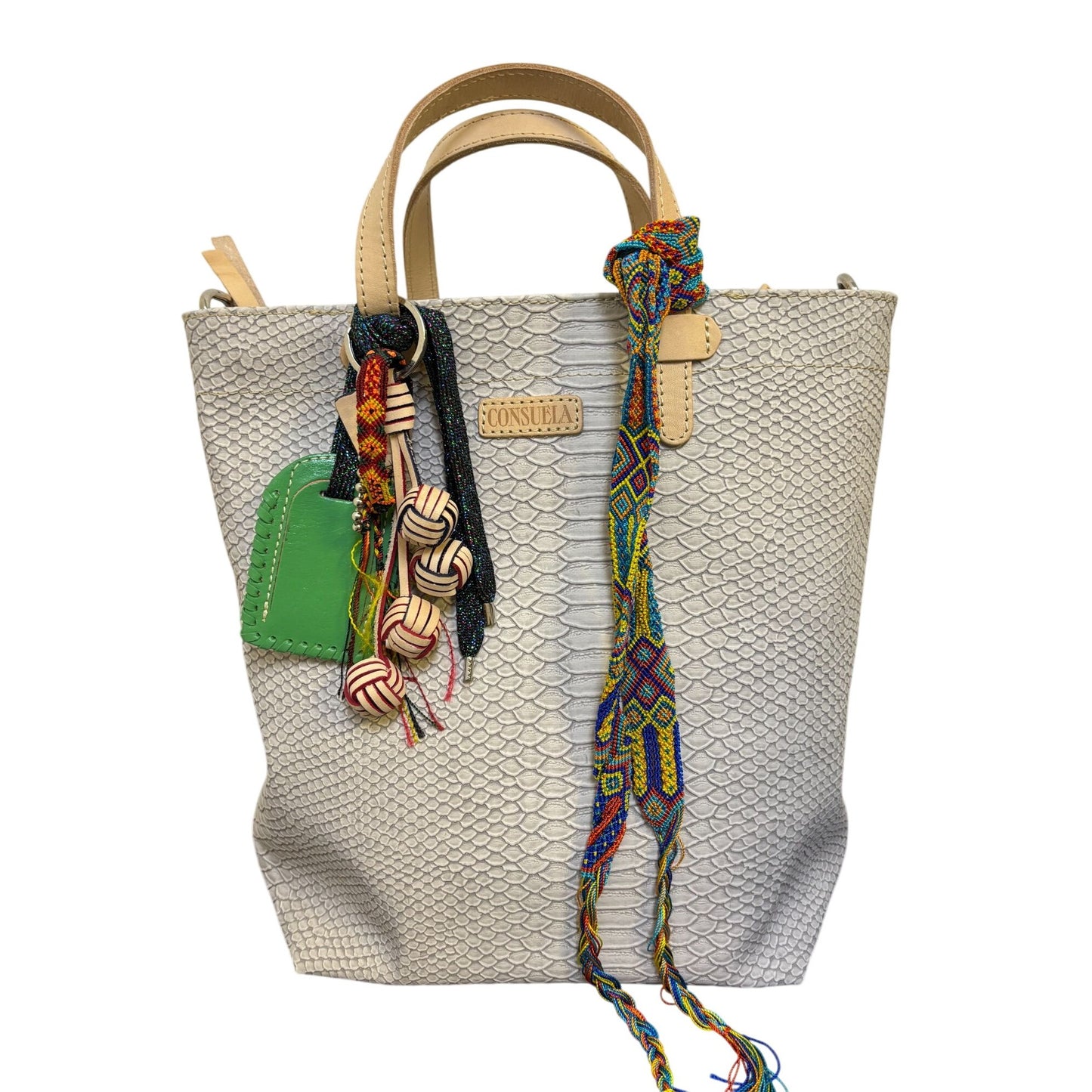 Consuela Leather Tote Bag Cream With Snake Pattern & Multicolor Tassel Accents