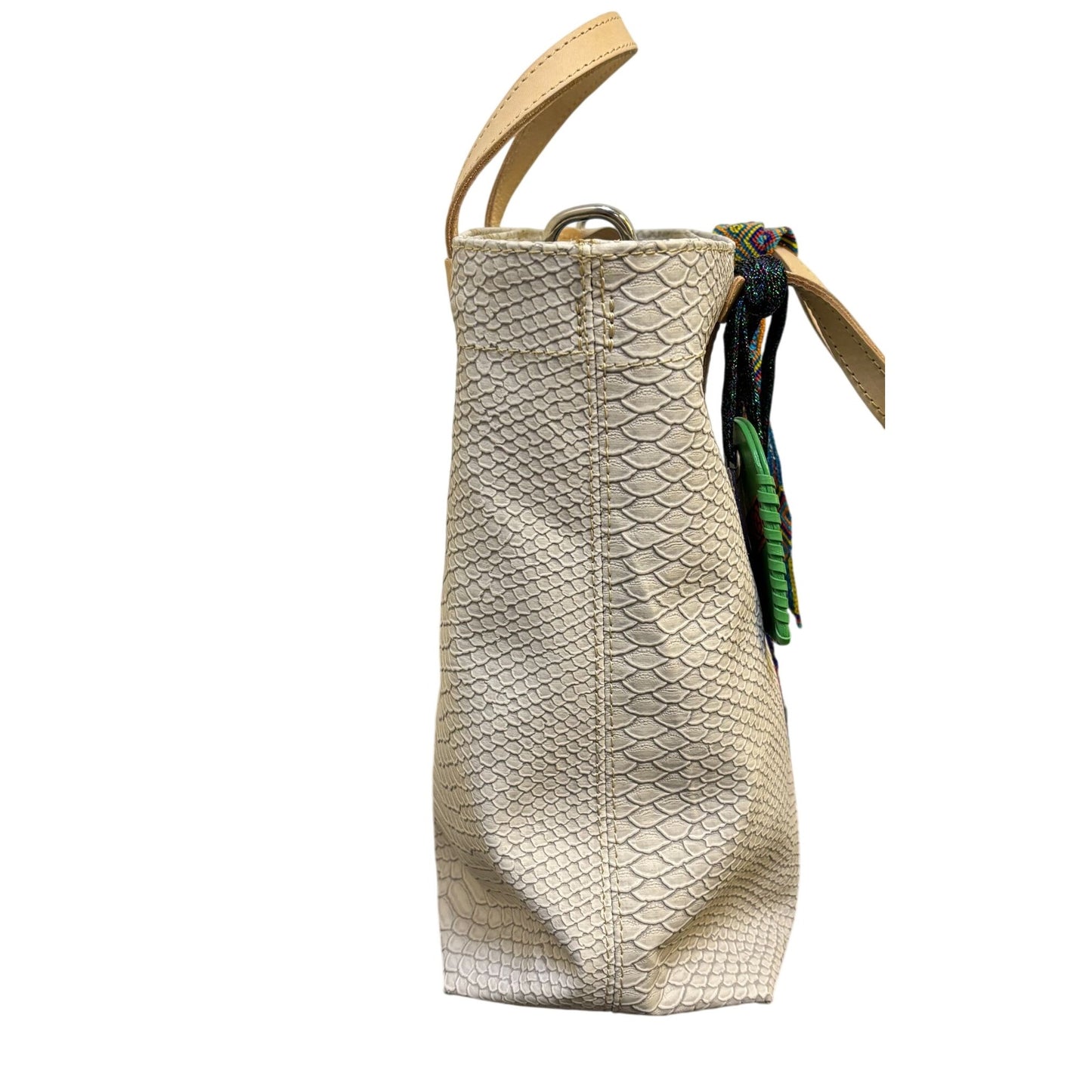 Consuela Leather Tote Bag Cream With Snake Pattern & Multicolor Tassel Accents
