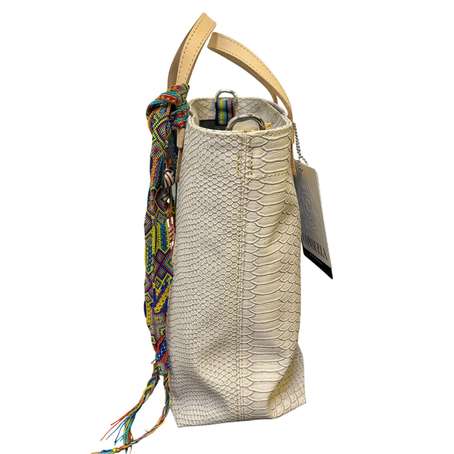 Consuela Leather Tote Bag Cream With Snake Pattern & Multicolor Tassel Accents