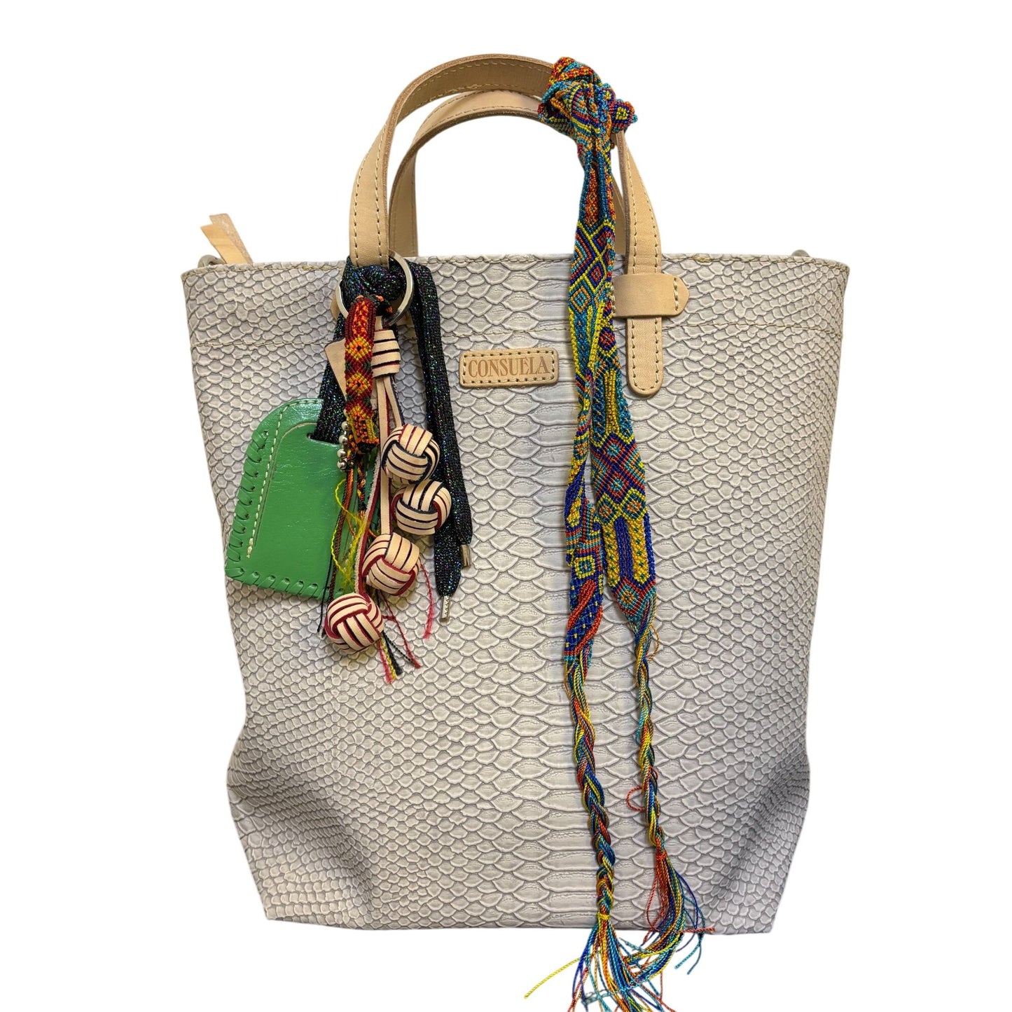 Consuela Leather Tote Bag Cream With Snake Pattern & Multicolor Tassel Accents