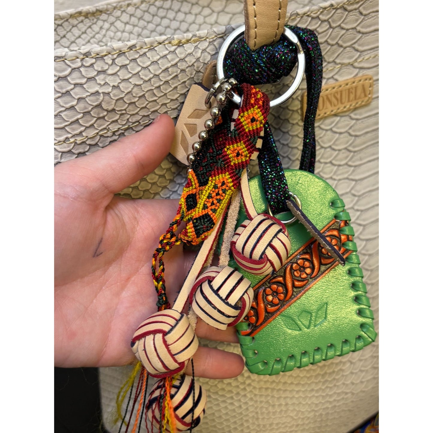 Consuela Leather Tote Bag Cream With Snake Pattern & Multicolor Tassel Accents
