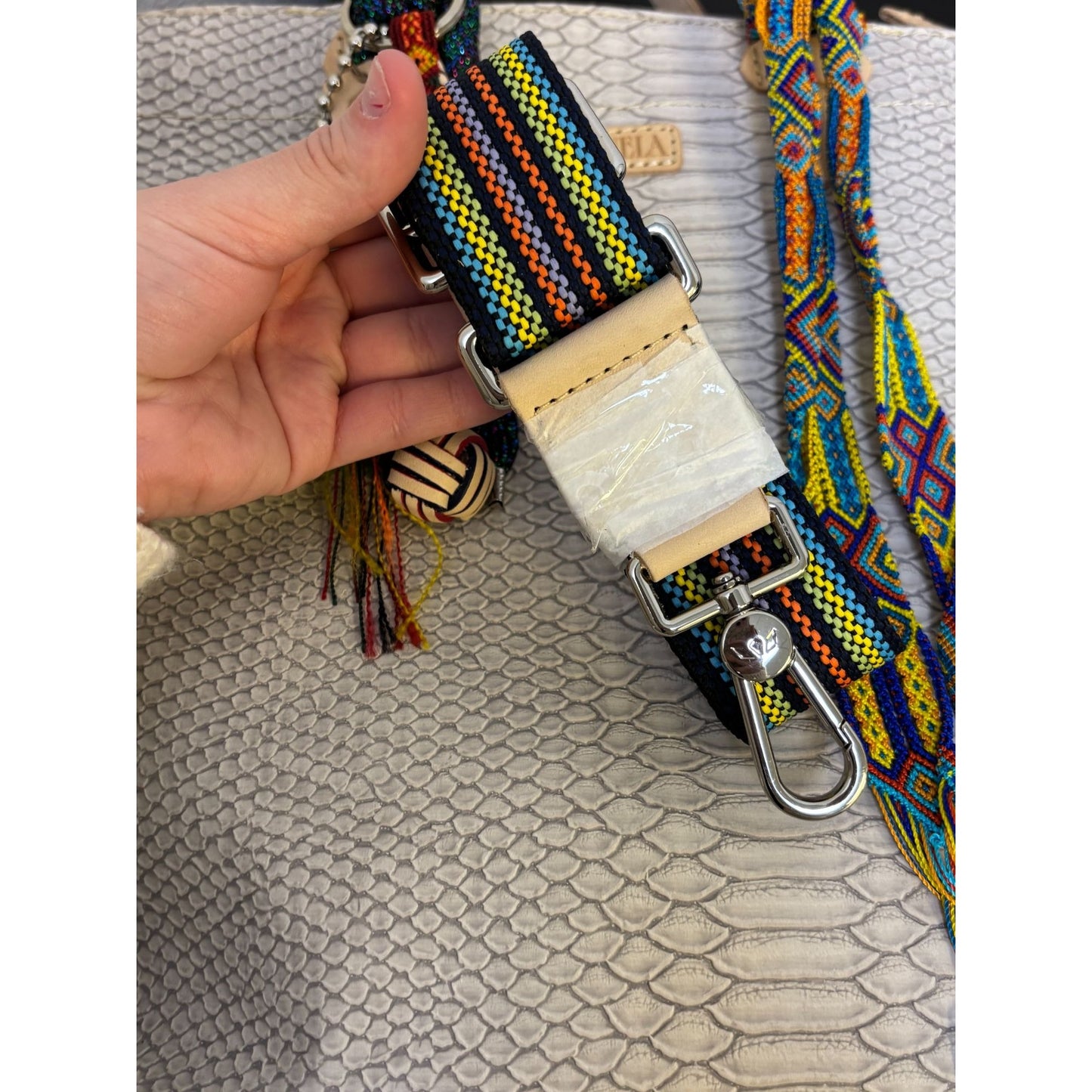 Consuela Leather Tote Bag Cream With Snake Pattern & Multicolor Tassel Accents