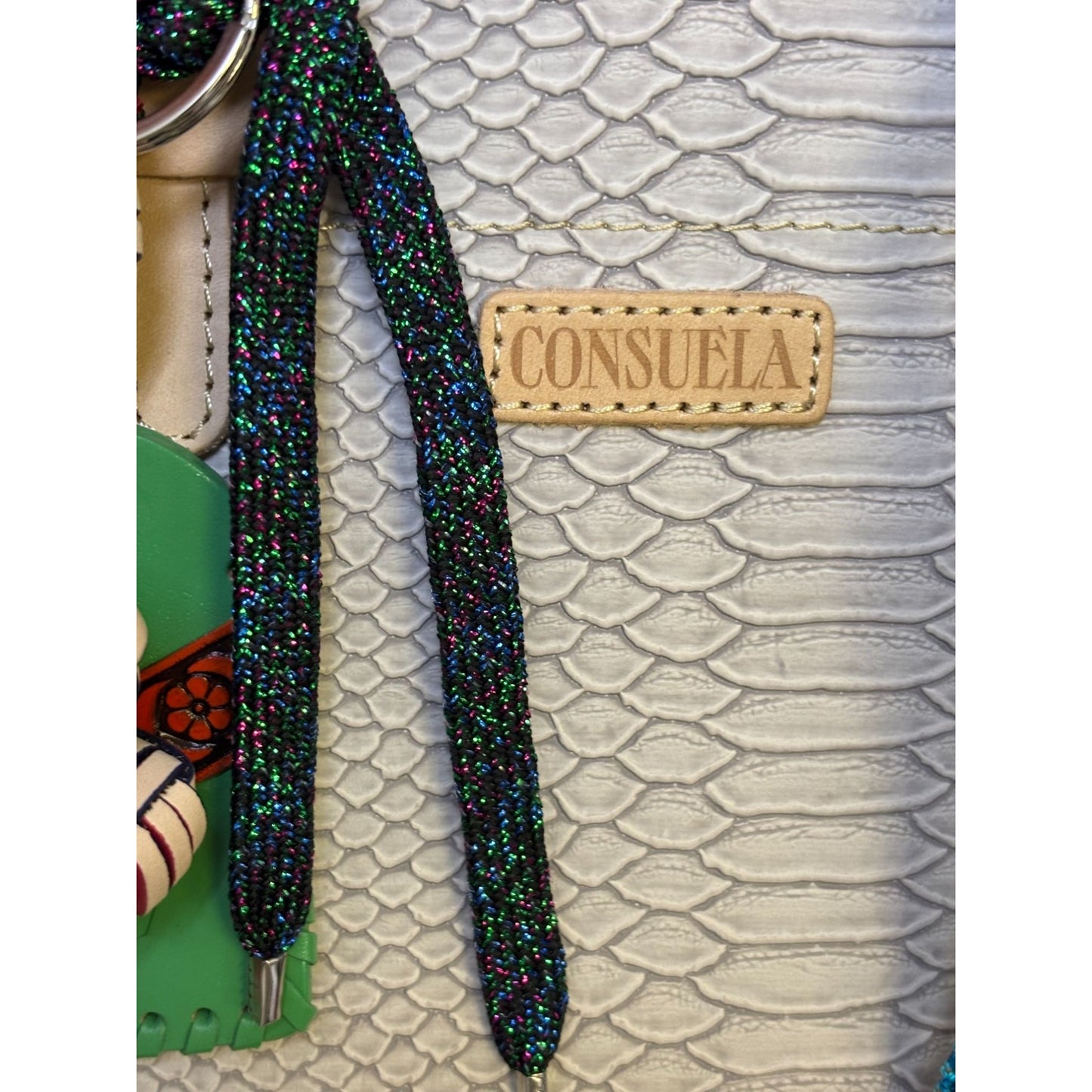 Consuela Leather Tote Bag Cream With Snake Pattern & Multicolor Tassel Accents